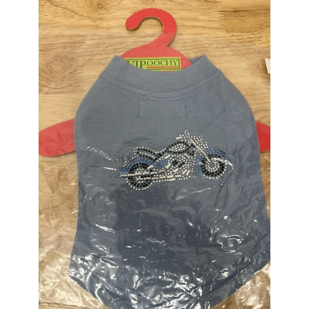 VIPoochy Dog Sweater Coat Blue Sequin Motorcycle Stretch Pullover XS #47‎